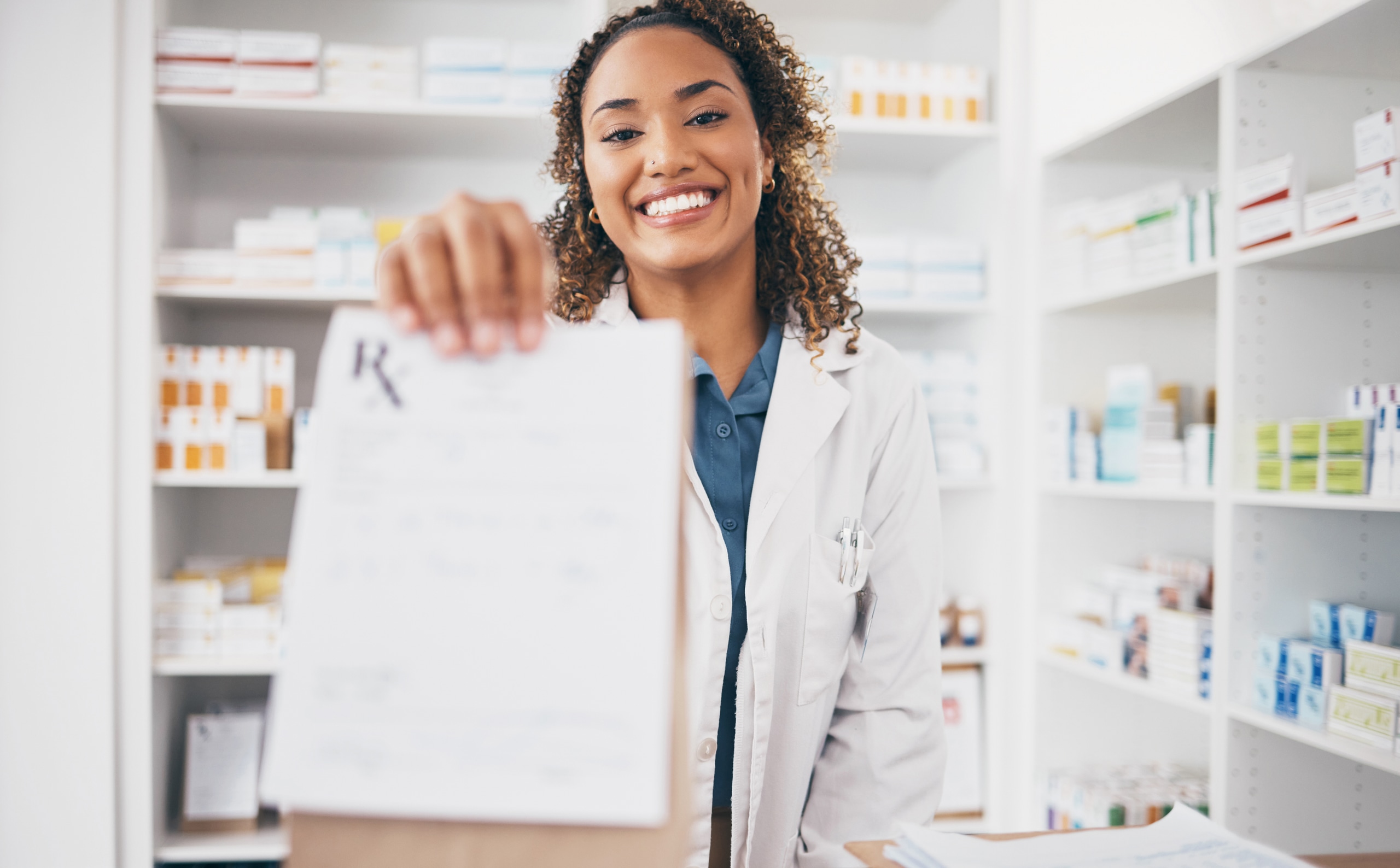 Image 3 Pharmacy, medicine bag or portrait of woman giving package to pov patient in customer services. Hea.