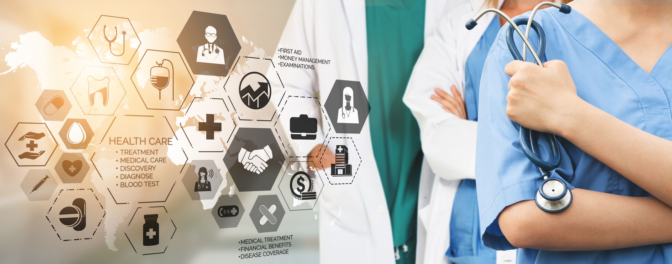 Health Insurance Concept - Doctor in hospital with health insurance related icon graphic interface showing healthcare people, money planning, risk management, medical treatment and coverage benefit.