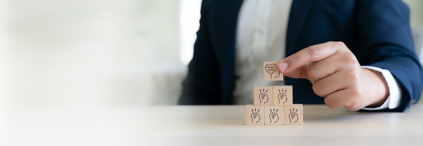 Image 2 Stress management and emotional support, Mental health management concept. Mental health block above stress icons. Leadership, prevention, prioritizing employee well-being and healthy workplace.