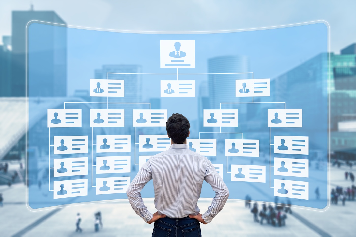 Organization chart showing hierarchy structure of teams in corporation with CEO, directors, executives and employees. Human Resources Manager working with HR organizational diagram, career concept
