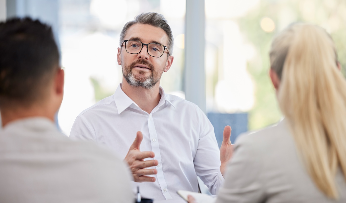 Capa Business meeting, advice and man, accountant or manager b2b planning, client talking or finance consulting. Helping, support or advice of financial advisor, accounting ceo or senior person interview.