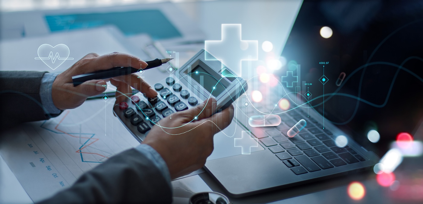 Image 1 Healthcare business graph data, Businessman use calculator to calculate growth investment medical business, Investor and Financial, People develop attention healthcare and rising growth in hospital.