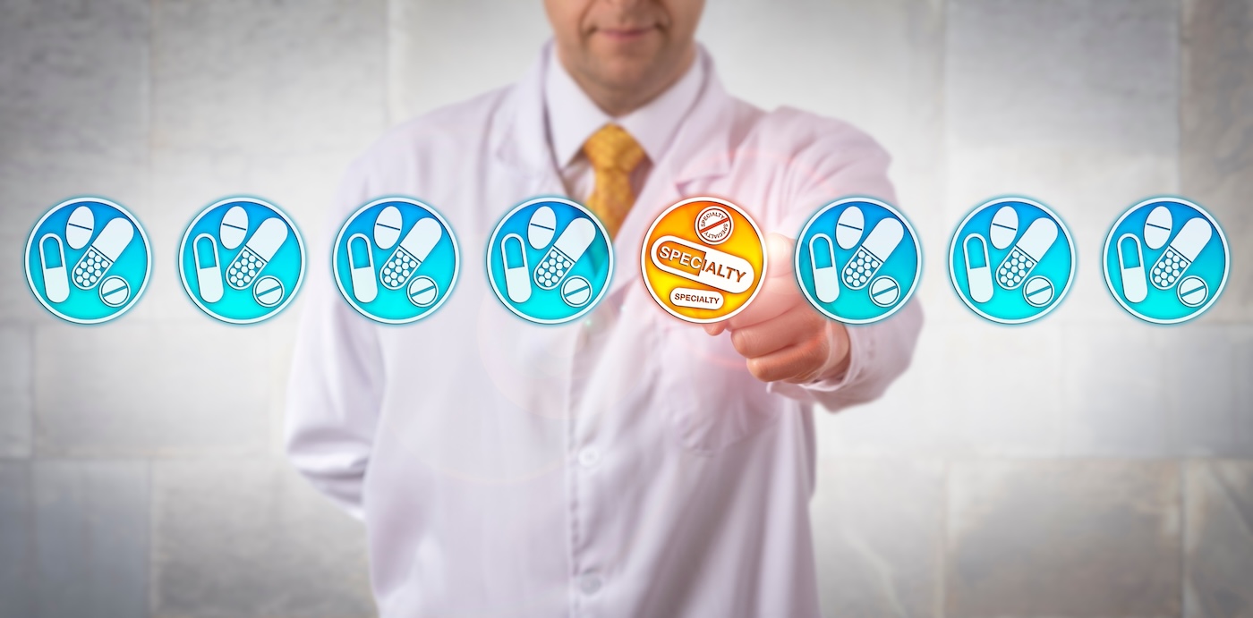 Image 3 Unrecognizable medical researcher choosing specialty drugs in line-up of generics. Pharmaceutical and life sciences concept for high cost therapy and treatment with breakthrough premium medication.