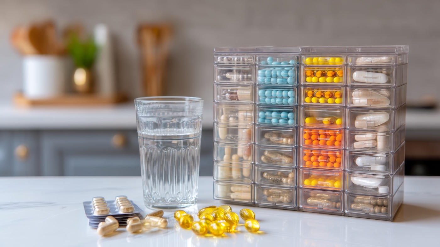 Image 3 A bright kitchen scene featuring organized medication in clear containers alongside a glass of water, symbolizing a healthy lifestyle and wellness routine.