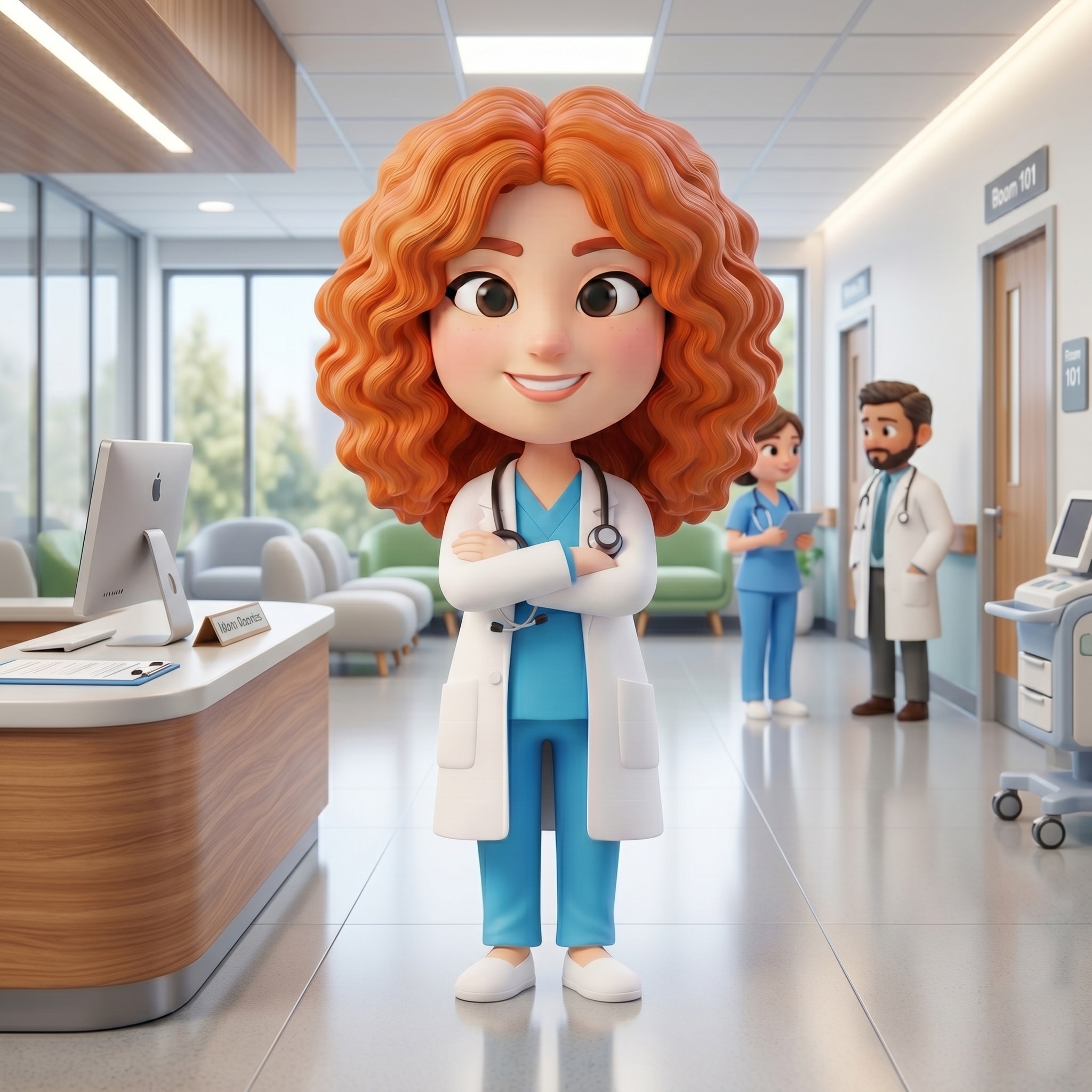 Trinity mascot, a doctor with curly red hair, standing in a hospital lobby
