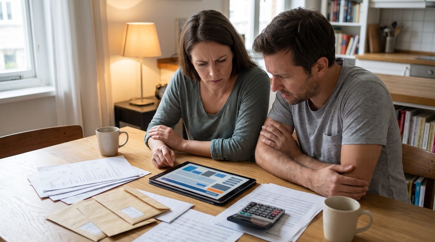 Couple reviewing benefit documents and costs on a tablet at the kitchen table Couple reviewing benefit documents and costs on a tablet at the kitchen table