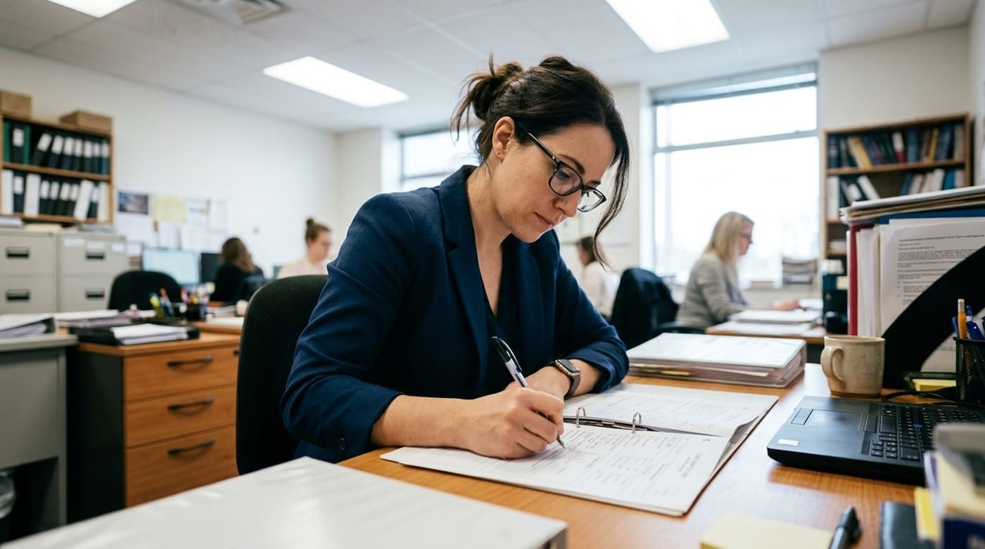 HR specialist reviewing and correcting enrollment forms at her desk HR specialist reviewing and correcting enrollment forms at her desk